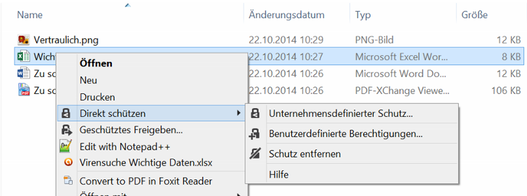 Screenshot Dateischutz-Optionen im Dateiexplorer mit der RMS-Freigabeanwendung
