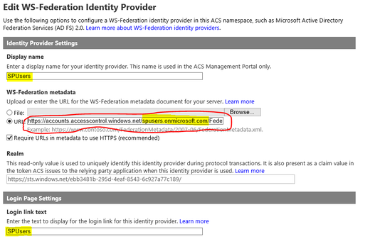 Screenshot WS-Federation Identity Provider bearbeiten