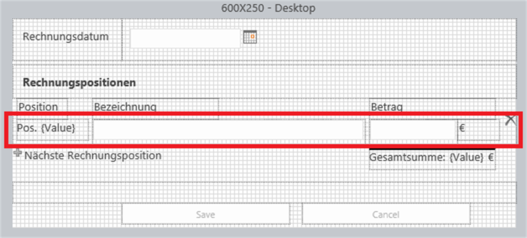 Screenshot Nintext Form Beispiel Bereich mit 4 Steuerelementen:  Positionsnummer Textfeld für die Bezeichnung Textfeld für den Betrag und Label für das Euro-Zeichen 