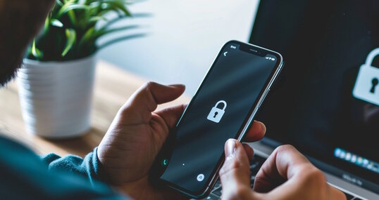 Man holds Smartphone with Lockscreen in hands. Business Laptop in Background, Security, Digital,