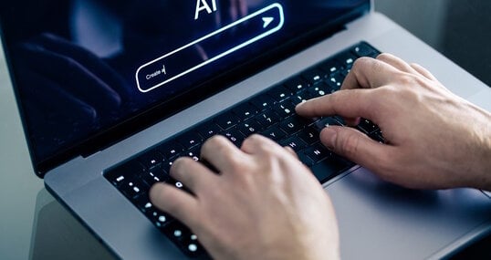 AI chat prompt. Artificial intelligence and digital technology. Man using chatbot with laptop at work. Creative content. Generate text or image. Command input on website. Bot assistant conversation.