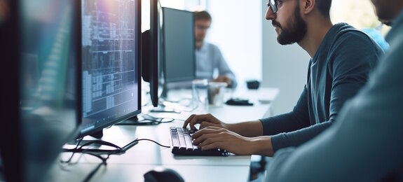 Man at computer, software developer working on coding script or cyber security in bright modern office