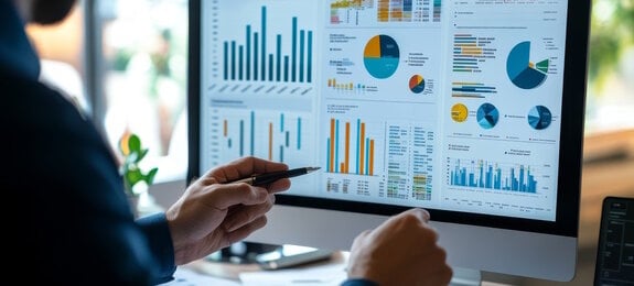 Business finance data analytics male worker analyzing graphs and charts on computer screen