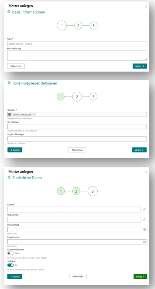 Screenshot der Funktionsweise des nC Legal Matter Hub: Matter anlegen