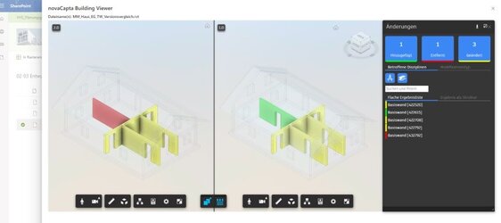 Screenshot novaCapta Building Explorer: Änderungen an 3D Modellen vergleichen (objektbasiert) und exportieren (CSV)​ ​