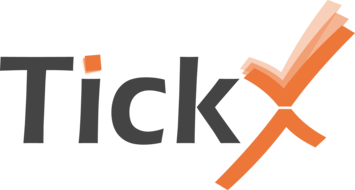 Logo TickX mit Signet und Name als Schriftzug in den Farben orange und schwarz