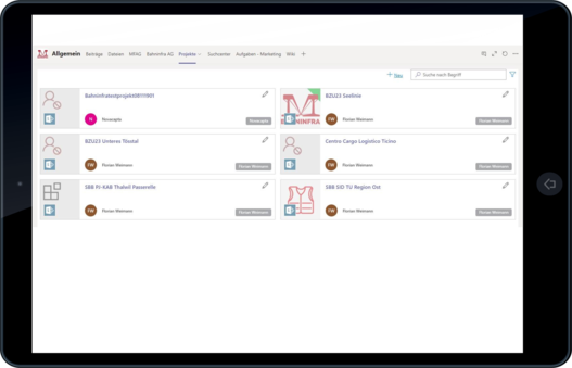 Projektübersichtsseite in Teams der Müller Frauenfeld AG geöffnet auf einem Tablet