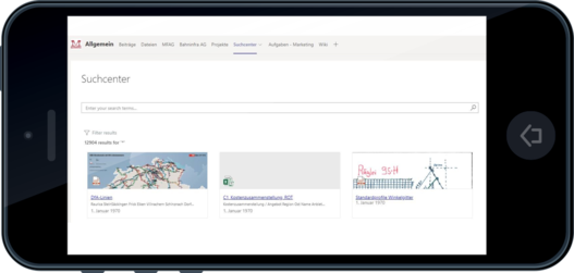 Suchcenter im Teams der Müller Frauenfeld AG geöffnet auf einem Smartphone
