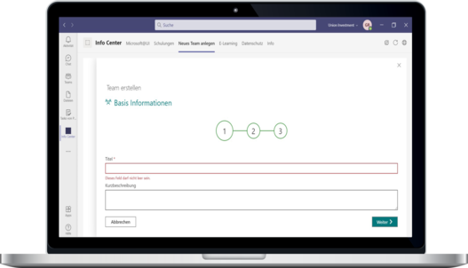 Laptop mit der aufgerufenen Übersichtsseite um ein neues Team in Microsoft Teams anzulegen