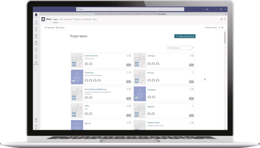 Bild von einem Laptop auf dem die Seite mit der Übersicht der Projekt-Teams in Microsoft Teams geöffnet ist
