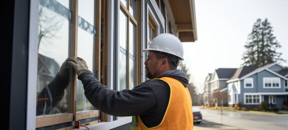 Middle aged male construction worker installing new windows to home