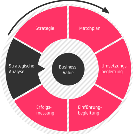 Die unterschiedliche Phasen der Beratung mit dem Business Value im Zentrum: Strategische Analyse - Strategie - Matchplan - Umsetzungsbegleitung - Einführungsbegleitung - Erfolgsmessung