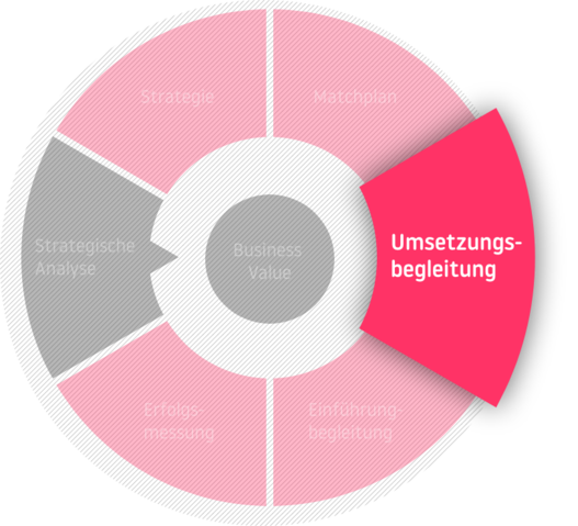 Die Phase der Umsetzungsbegleitung in der Beratung mit dem Business Value im Zentrum: Strategische Analyse - Strategie - Matchplan - Umsetzungsbegleitung - Einführungsbegleitung - Erfolgsmessung